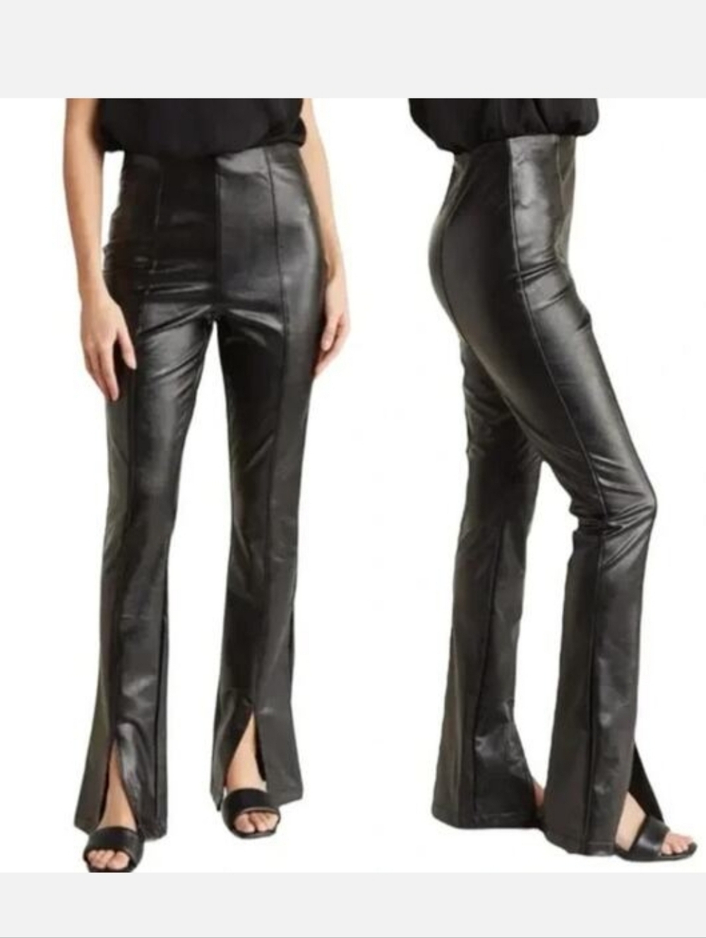 AFRM Adela Faux Leather Flare Leg Pants High Waist Front Slit Black Medium
